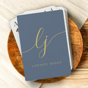 Personalised Monogram Name Navy Blue Gold Script Playing Cards