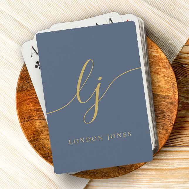 Personalised Monogram Name Navy Blue Gold Script Playing Cards (Creator Uploaded)
