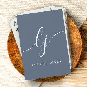 Personalised Monogram Name Navy Blue White Script Playing Cards