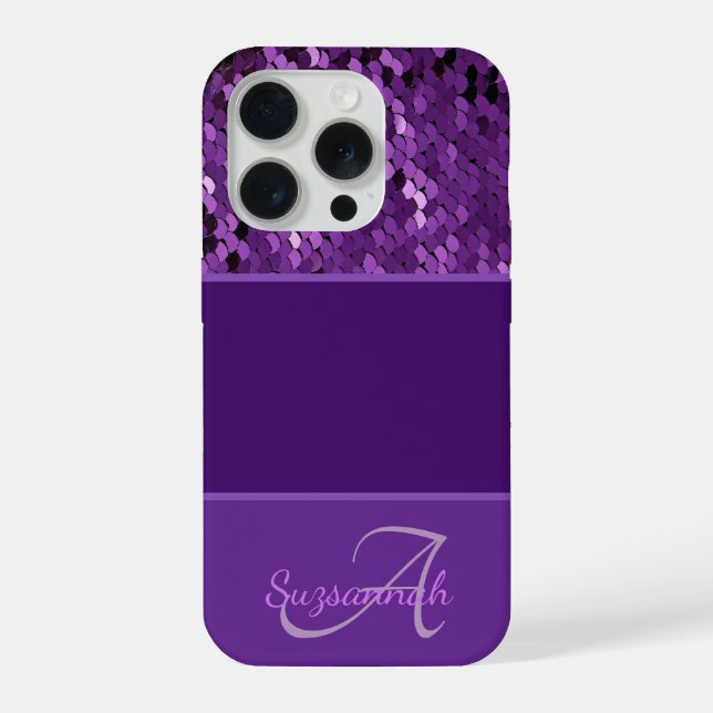 Personalised Monogram Name Purple Sequins Stripes iPhone Case (Back)
