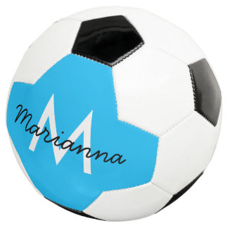 Personalised Monogram Name Sporty Neon Cyan Blue Soccer Ball