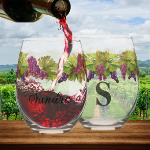 Personalised Monogram name Watercolor Grapes Stemless Wine Glass