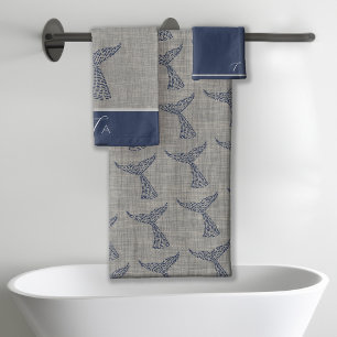 Personalised Monogram Nautical Whale Tail Line Art Bath Towel Set