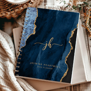 Personalised Monogram Navy Blue Gold Agate 2025 Planner