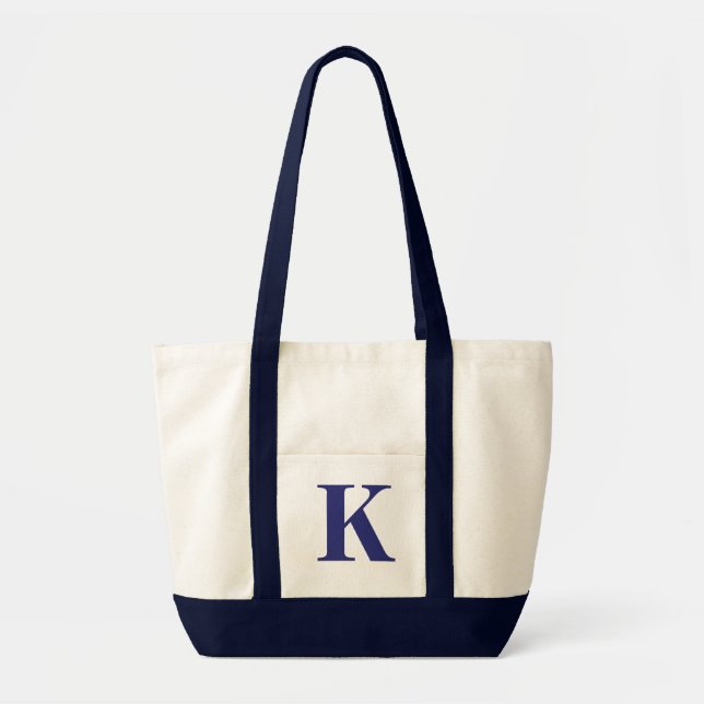 Personalised Monogram NAVY BLUE + NATURAL TOTE Bag (Front)
