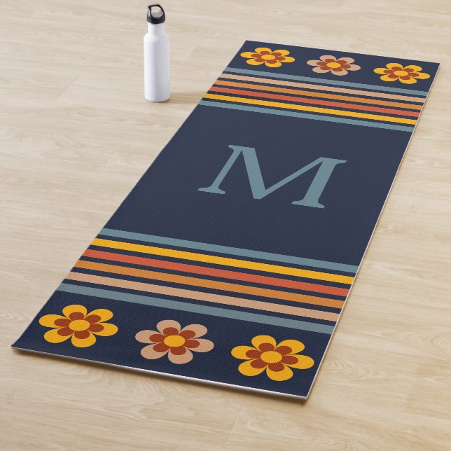 Personalised monogram Navy Blue retro floral Yoga Mat (In Situ)