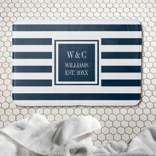 Personalised Monogram Navy Blue White Stripe Bath Mat