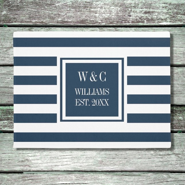Personalised Monogram Navy Blue White Stripe Doormat (Creator Uploaded)