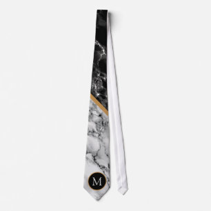 Personalised Monogram Neck Tie Black White Marble