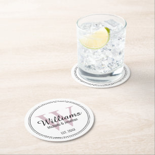 Personalised Monogram Newlywed Blush Pink Round Paper Coaster