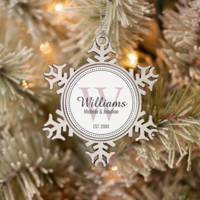 Personalised Monogram Newlywed Blush Pink Snowflake Pewter Christmas Ornament (Tree)