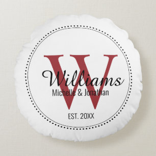 Personalised Monogram Newlywed Red Round Cushion