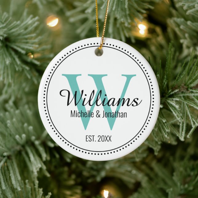 Personalised Monogram Newlywed Teal Green Milgrain Ceramic Tree Decoration (Tree)