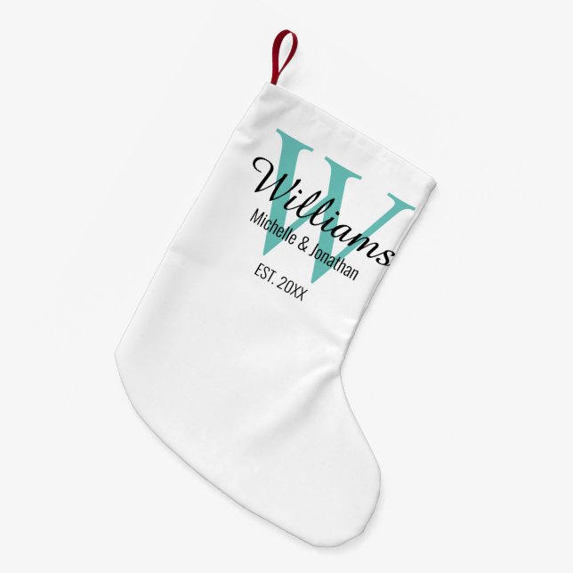 Personalised Monogram Newlywed Teal Green Small Christmas Stocking (Front (Hanging))