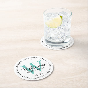 Personalised Monogram Newlywed Teal Round Paper Coaster