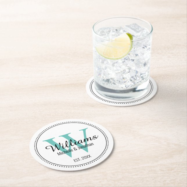 Personalised Monogram Newlywed Teal Round Paper Coaster (Insitu)