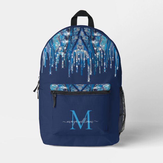 Personalised Monogram Novy Blue Glitter Drips  Printed Backpack (Front)