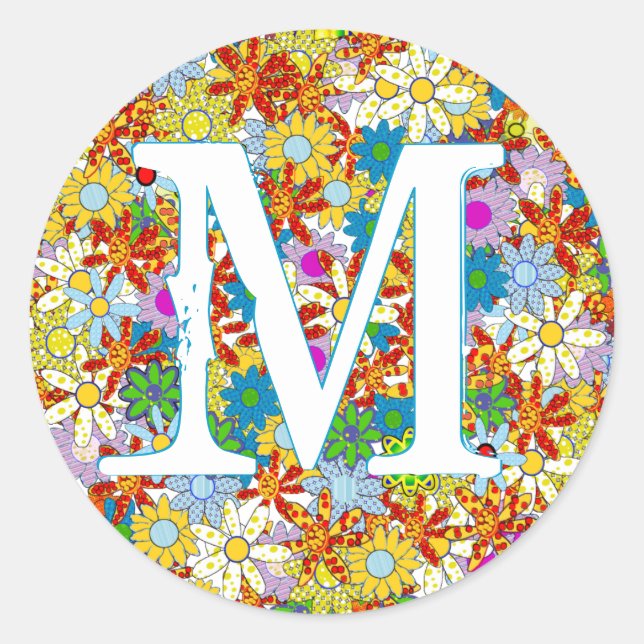 Personalised Monogram or Name Floral Pattern Classic Round Sticker (Front)