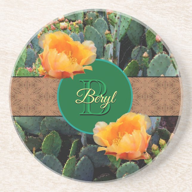 Personalised Monogram Orange Prickly Pear Cactus 2 Coaster (Front)