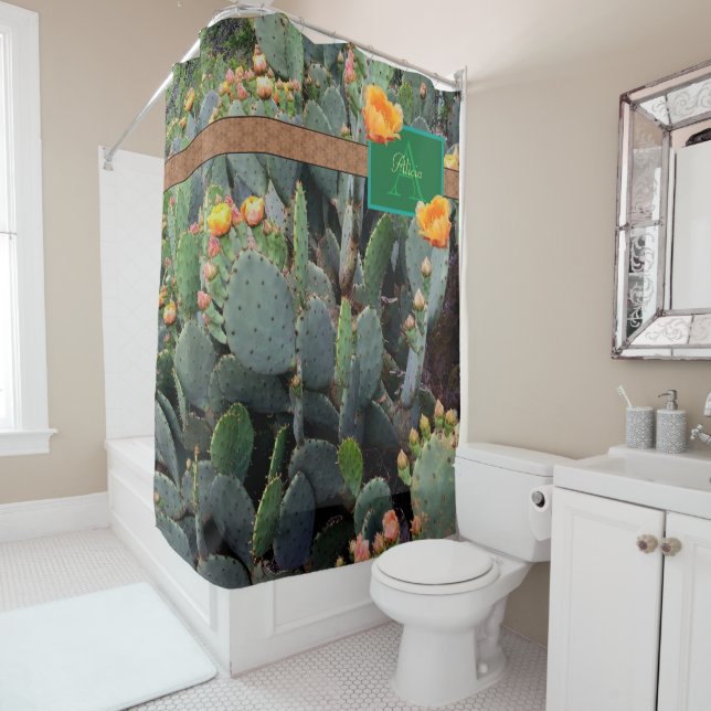 Personalised Monogram Orange Prickly Pear Cactus 2 Shower Curtain (In Situ)