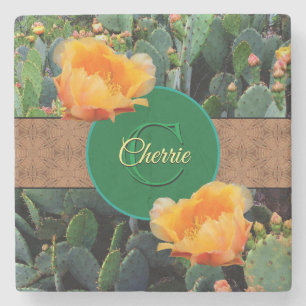 Personalised Monogram Orange Prickly Pear Cactus 2 Stone Coaster
