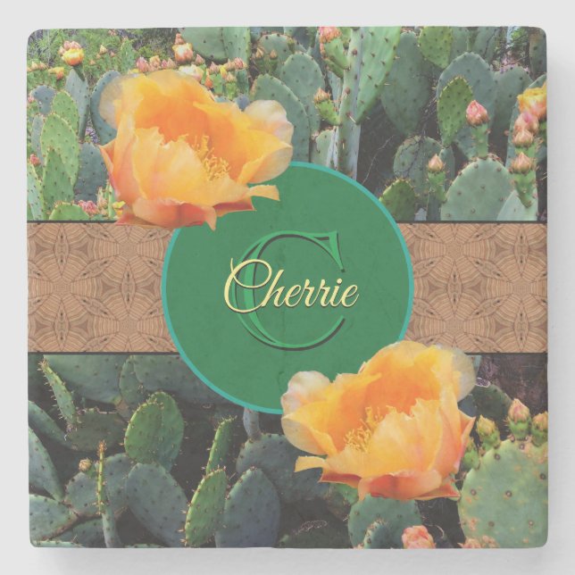 Personalised Monogram Orange Prickly Pear Cactus 2 Stone Coaster (Front)