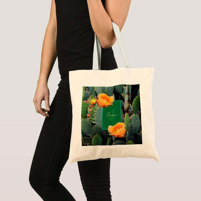 Personalised Monogram Orange Prickly Pear Cactus Tote Bag (Front (Product))