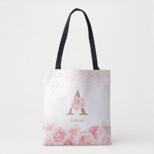 Personalised monogram pink floral bridesmaid tote bag