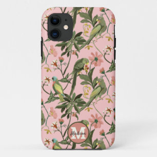 Personalised Monogram Pink Parrot Floral Pattern Case-Mate iPhone Case