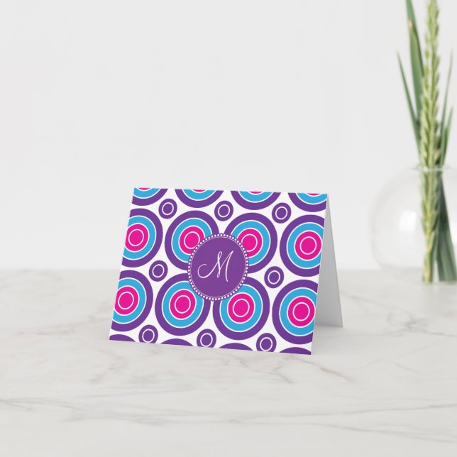Personalised Monogram Pink Purple Circle Pattern Note Card (Front)