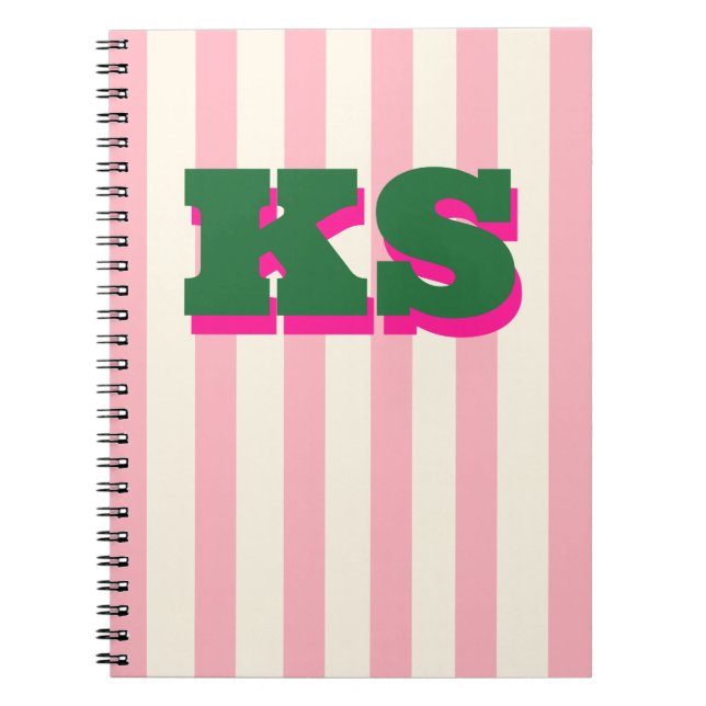 Personalised Monogram Pink Stripe, Custom Initials Notebook (Front)