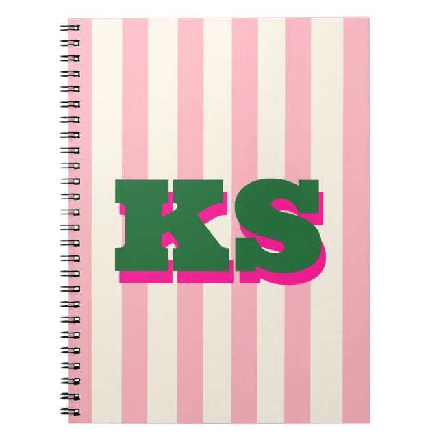 Personalised Monogram Pink Stripe, Custom Initials Notebook (Front)