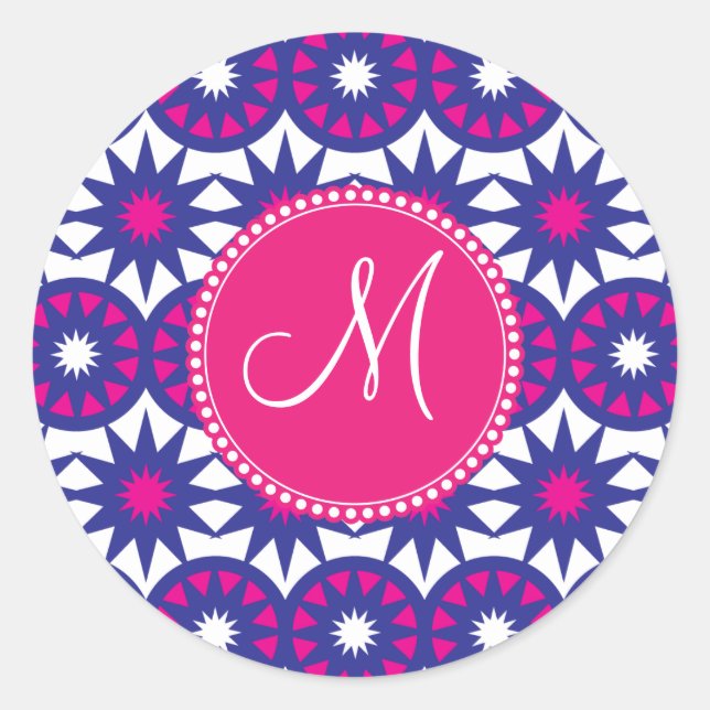 Personalised Monogram Purple Pink Stars Circles Classic Round Sticker (Front)