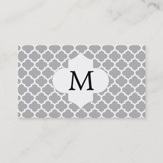 Personalised Monogram Quatrefoil Grey and White Business Card (Front)