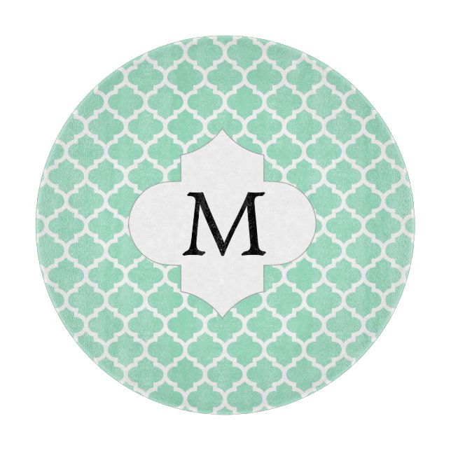 Personalised Monogram Quatrefoil Mint and White Cutting Board (Front)