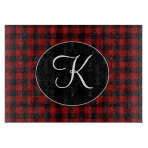 Personalised Monogram Red and Black Buffalo Plaid Cutting Board