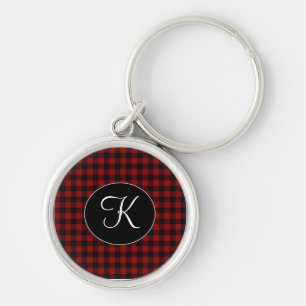 Personalised Monogram Red and Black Buffalo Plaid Key Ring