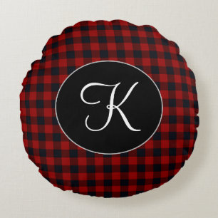 Personalised Monogram Red and Black Buffalo Plaid Round Cushion