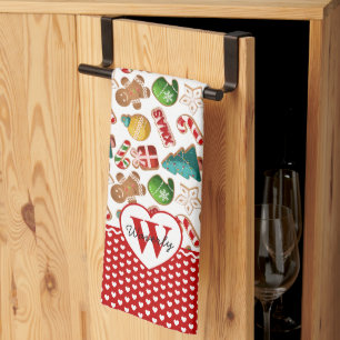 Personalised Monogram Red Hearts Gingerbread Xmas Tea Towel