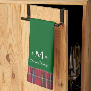Personalised Monogram Red Tartan Green Christmas Tea Towel