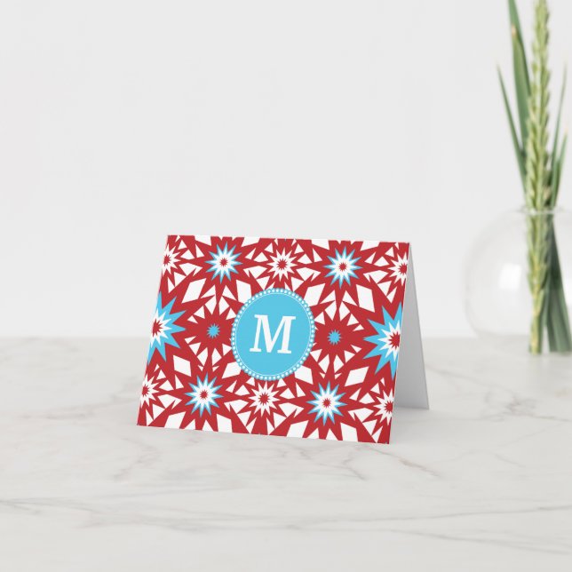Personalised Monogram Red Teal Blue Star Pattern Note Card (Front)