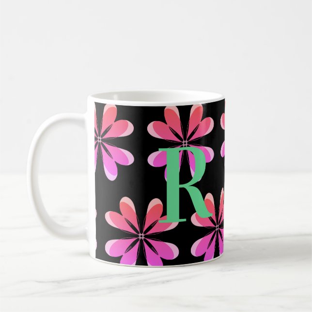 Personalised Monogram retro floral black pink Coffee Mug (Left)