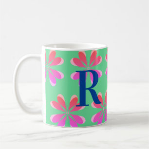 Personalised Monogram retro floral green pink Coffee Mug