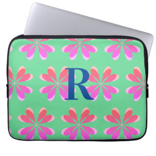 Personalised Monogram retro floral green pink Laptop Sleeve