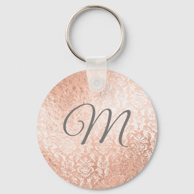 Personalised Monogram Rose Gold Damask Key Ring (Front)