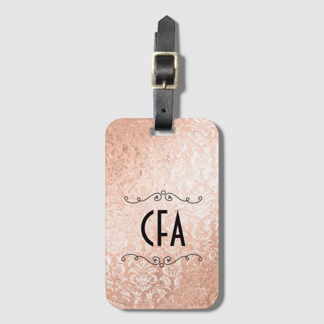 Personalised Monogram Rose Gold Damask Luggage Tag (Front Vertical)