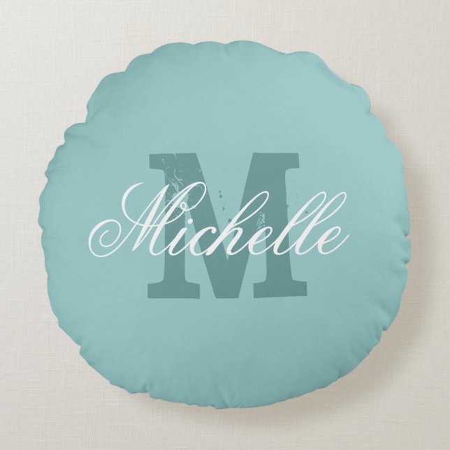 Personalised monogram round teal blue zippered cushion (Front)