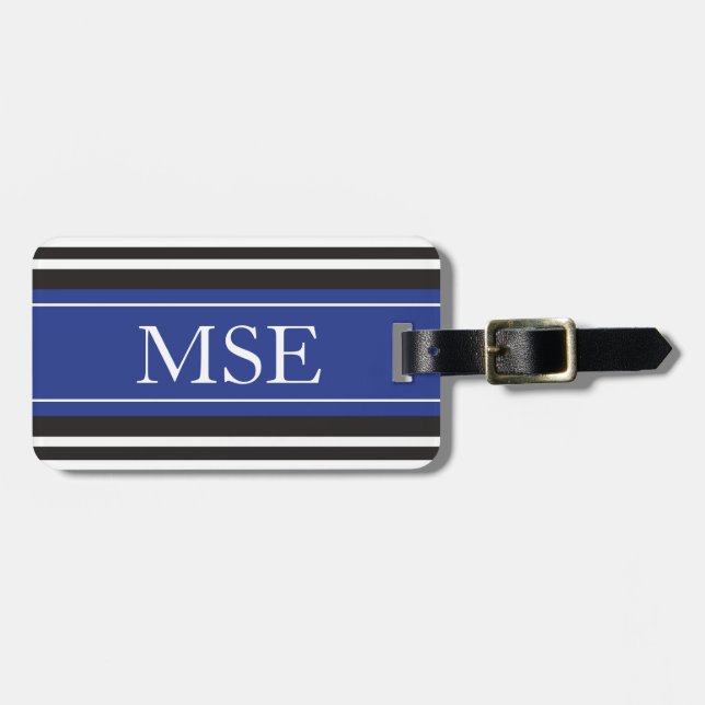 Personalised Monogram Royal Blue Black Stripes Luggage Tag (Front Horizontal)