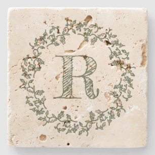 Personalised Monogram Sage Green Floral Stone Coaster