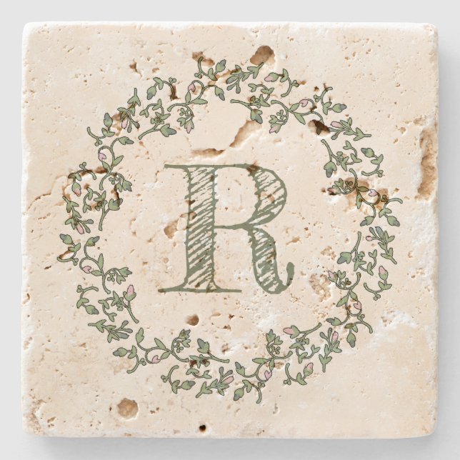 Personalised Monogram Sage Green Floral Stone Coaster (Front)